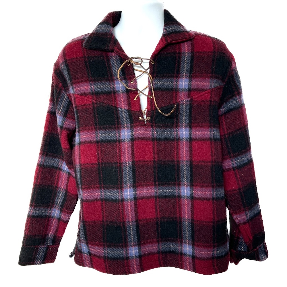 Vintage Klondike Shirt Camp Wool Plaid Sz M Style Guild Canada Lace Up Neckline